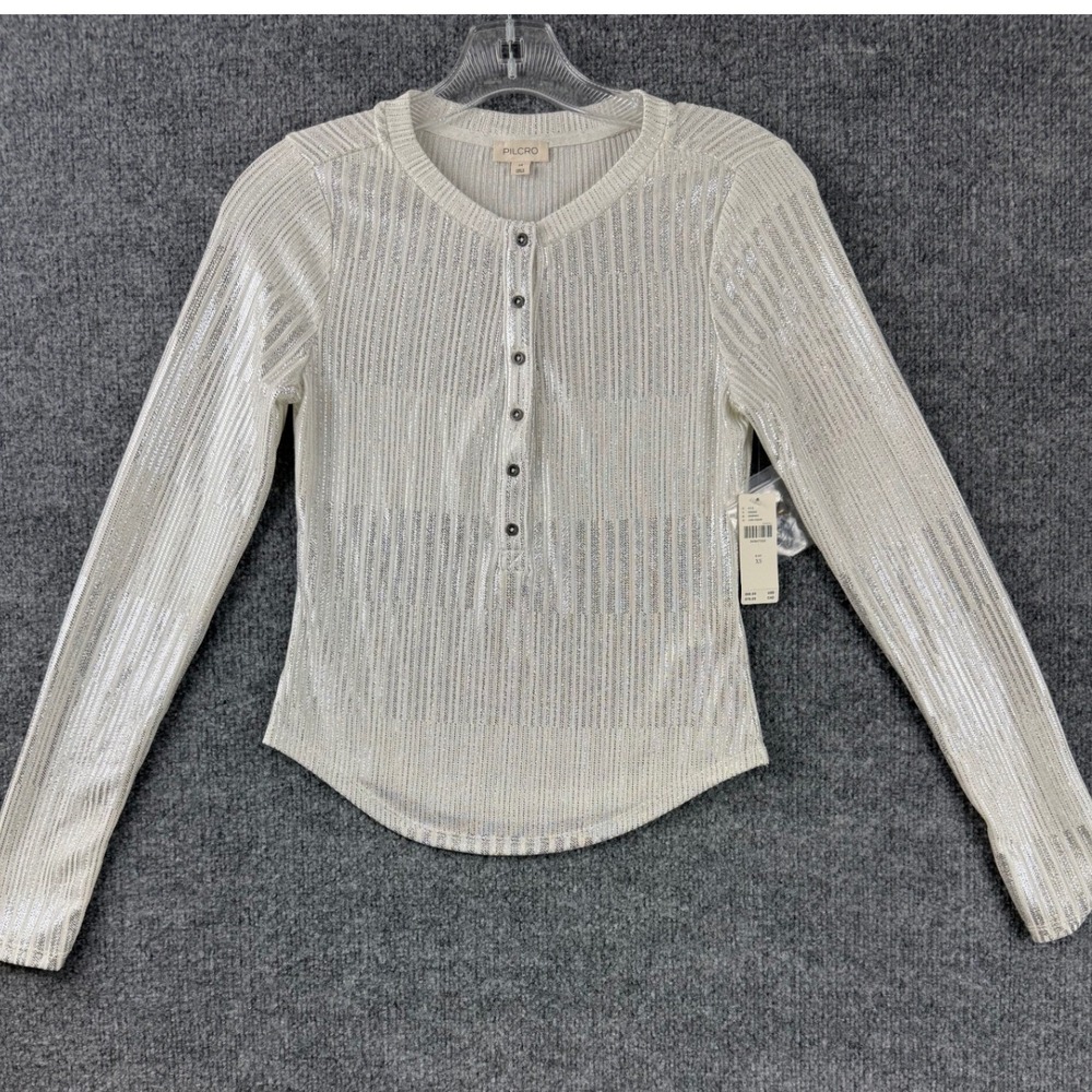 NWT Pilcro Anthropologie Ivory Silver Metallic Henley Top Long Sleeve XS NEW